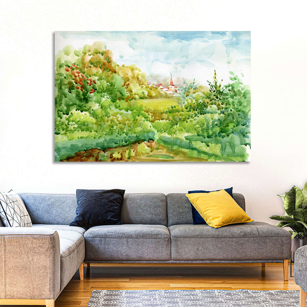 Red Steeple Village Watercolor Wall Art in a room, landscape