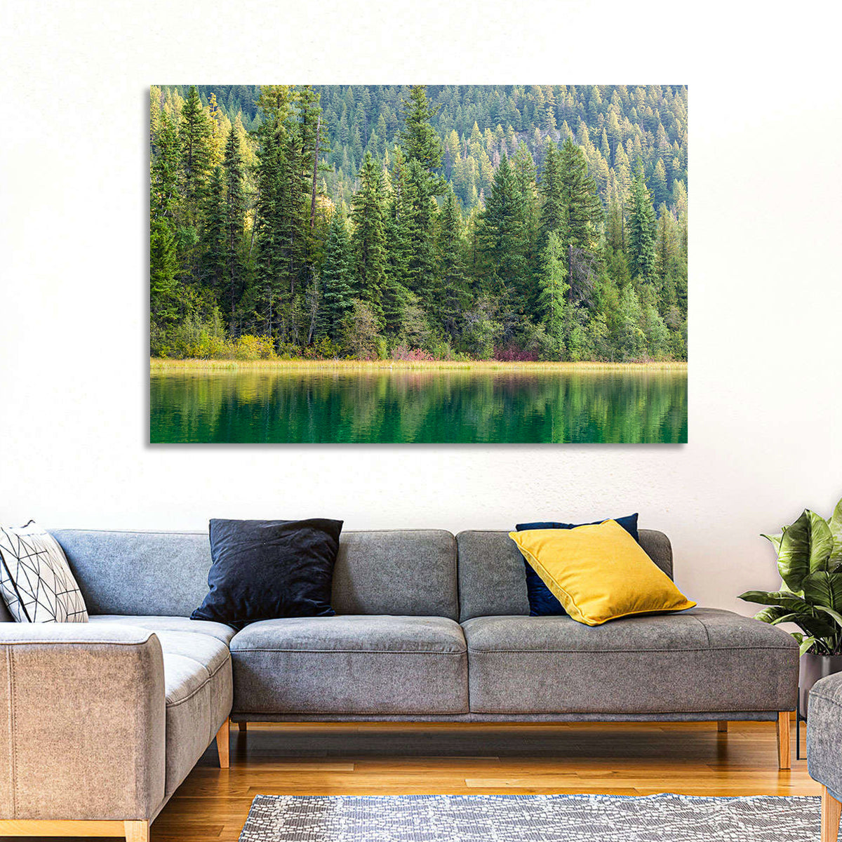 Tranquil Forest Lake Wall Art in a room, landscape