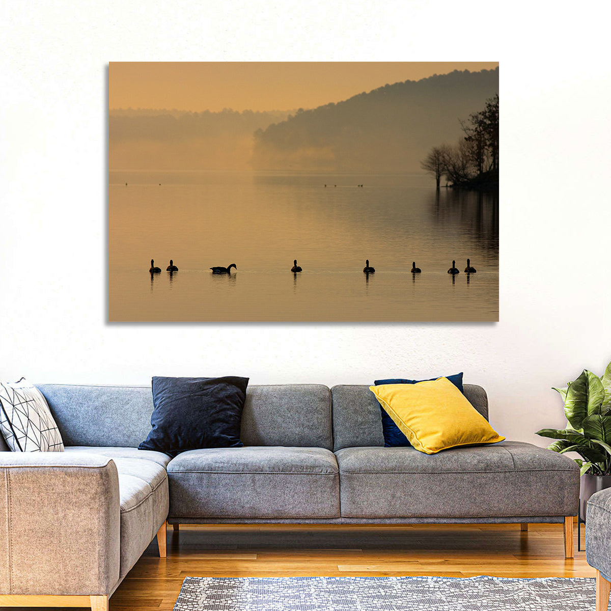 Lake Degray Geese Silhouette Wall Art in a room, landscape