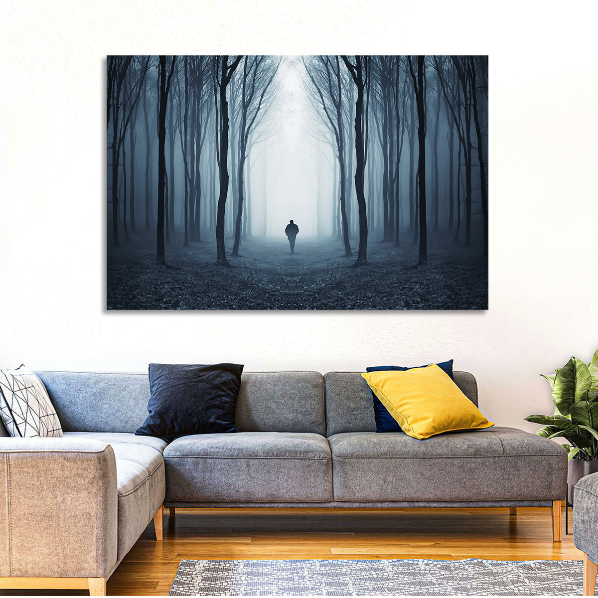 Lone Figure in Misty Forest Wall Art in a room, landscape