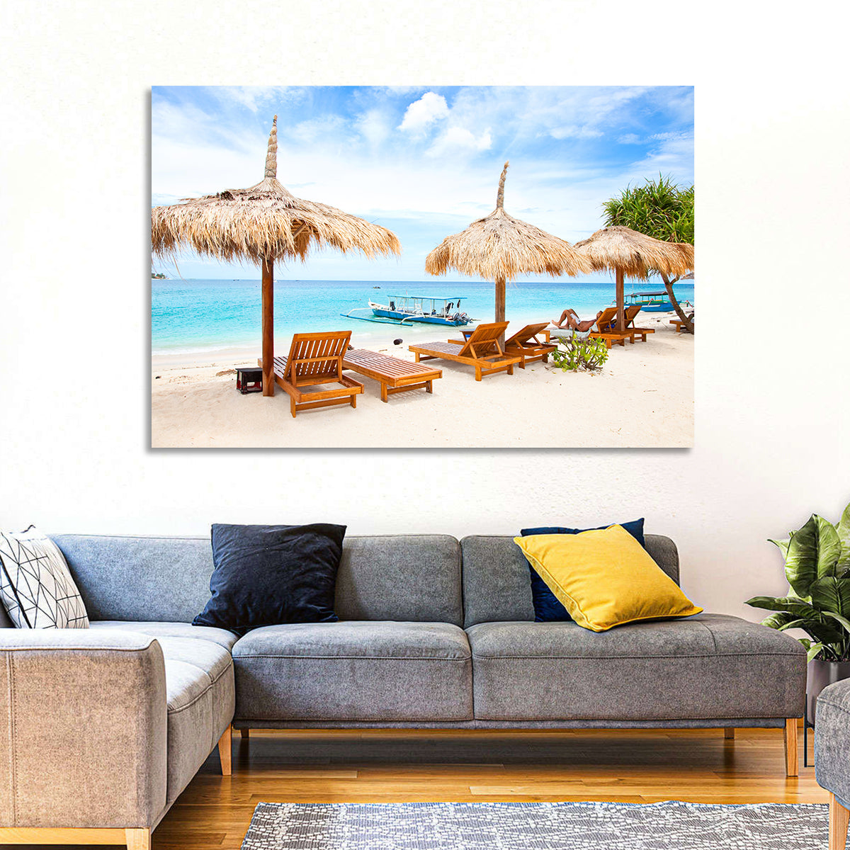 Gili Meno Beach with Thatched Umbrellas Wall Art in a room, landscape