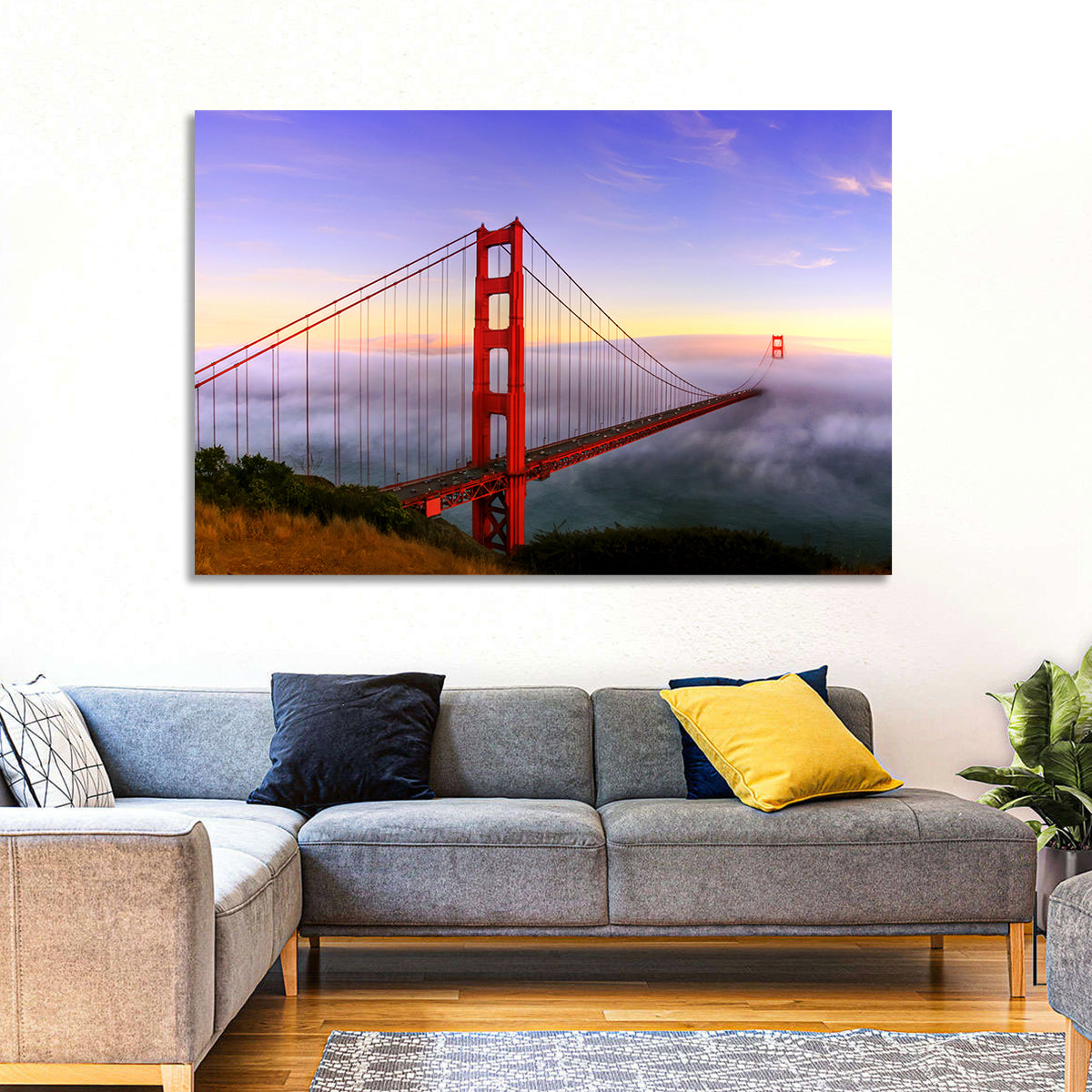 Foggy Golden Gate Bridge Wall Art in a room, landscape