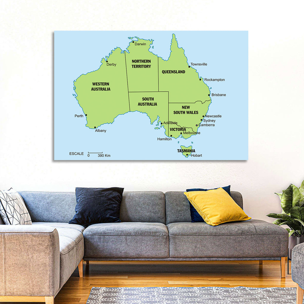 Minimalist Australia Map with State Labels Wall Art