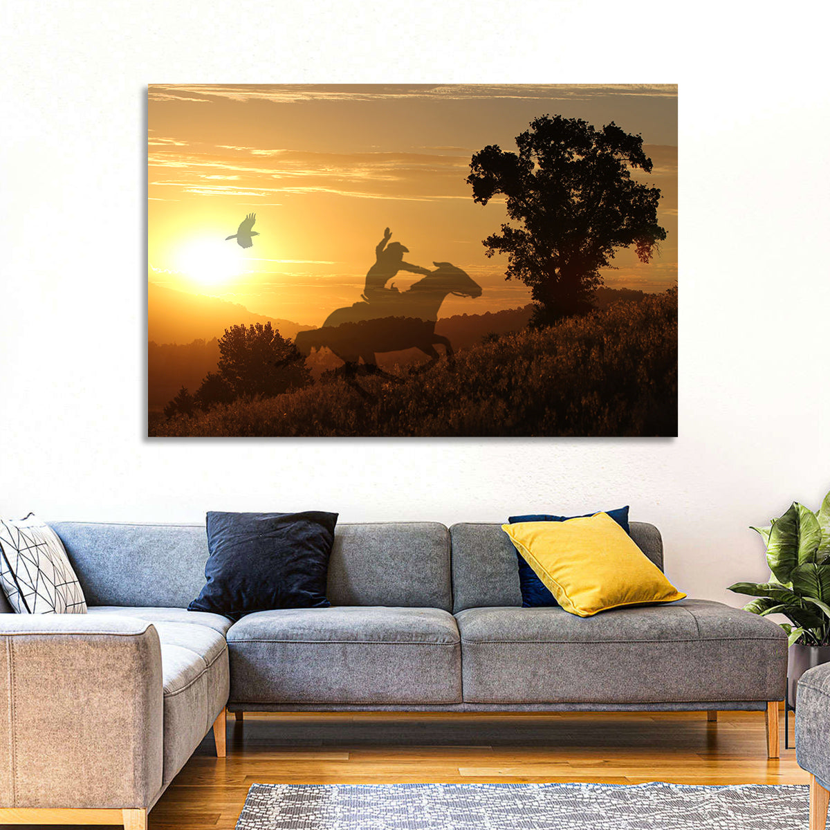 Cowboy Silhouette at Golden Sunset Wall Art in a room, landscape