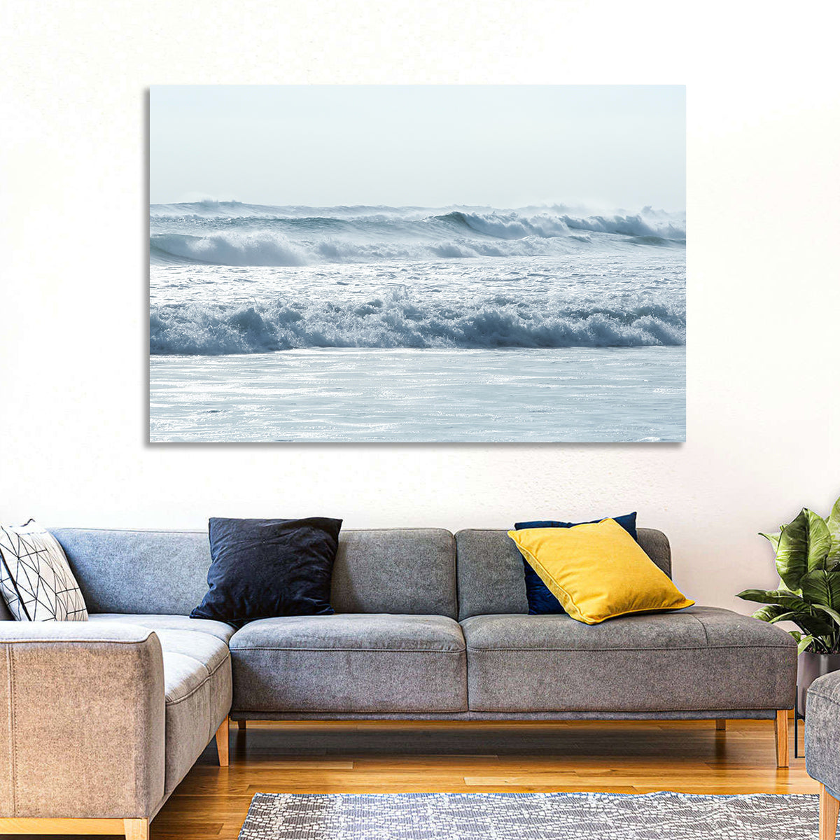 Misty Horizon Ocean Waves Wall Art in a room, landscape