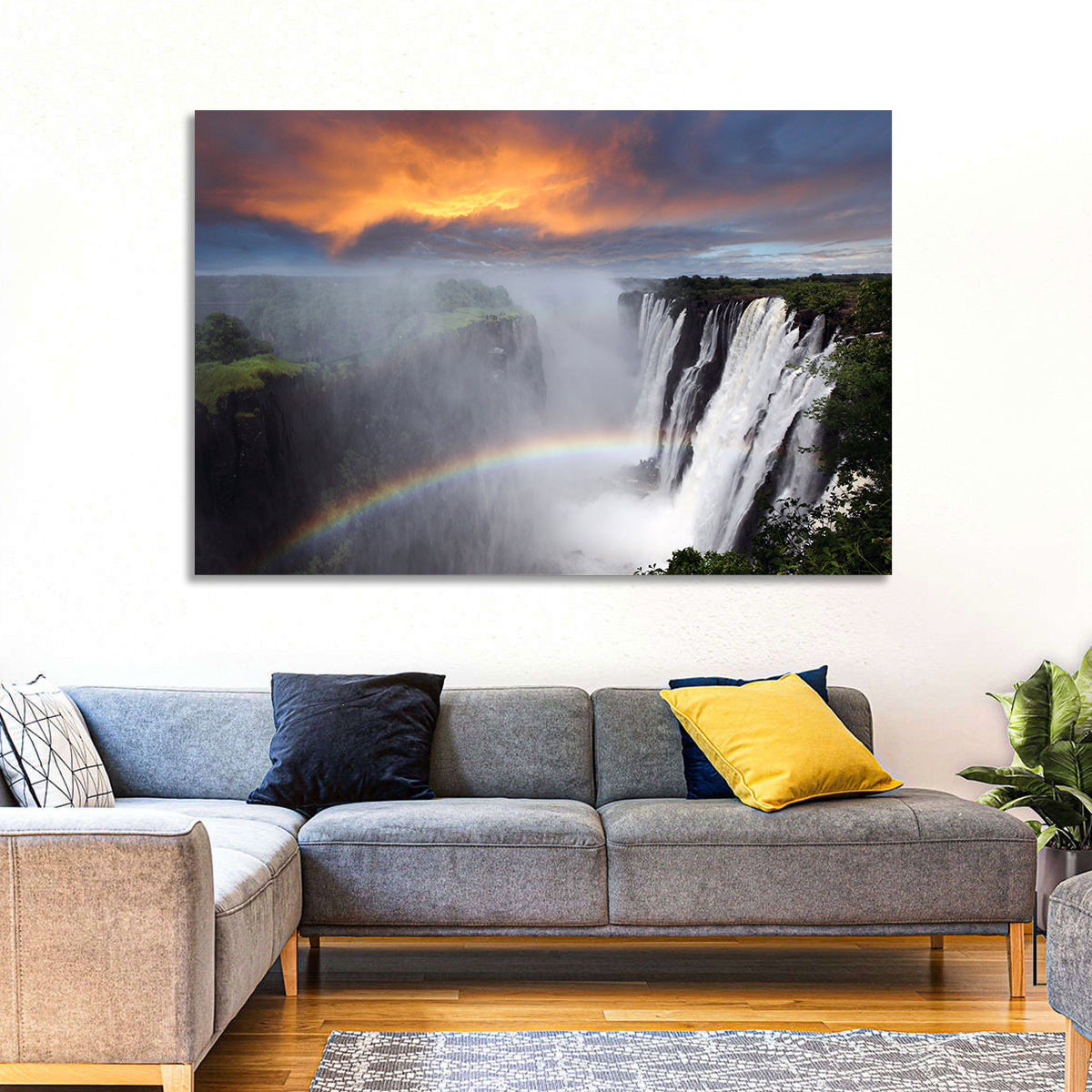 Victoria Falls Rainbow at Dusk Wall Art in a room, landscape