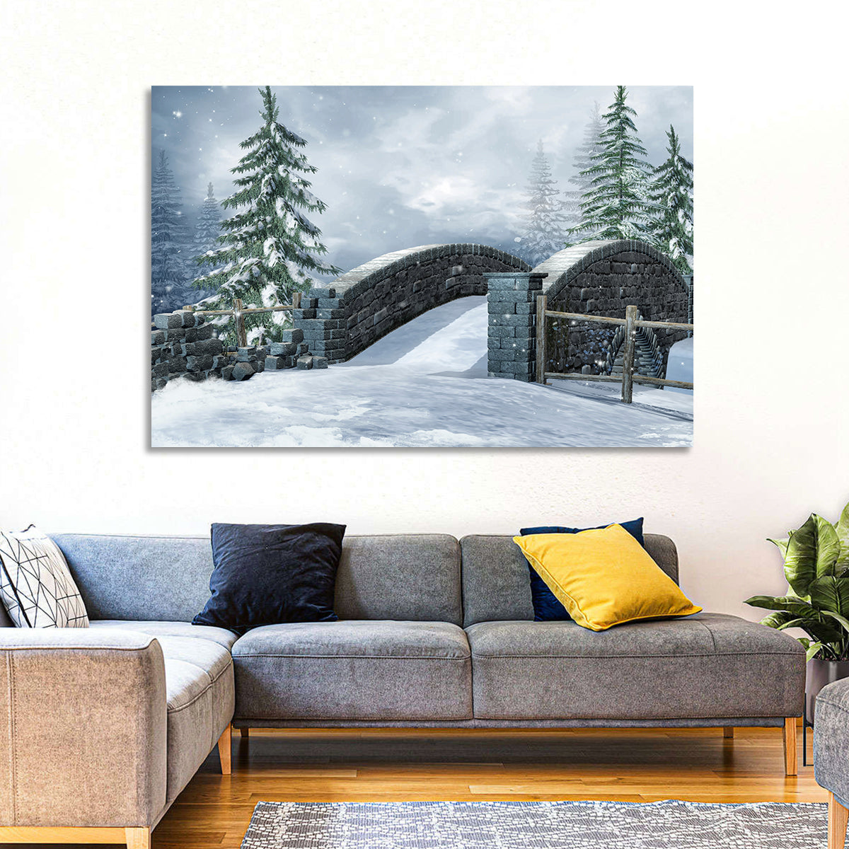 Snowy Stone Bridge in Winter Forest Wall Art in a room, landscape