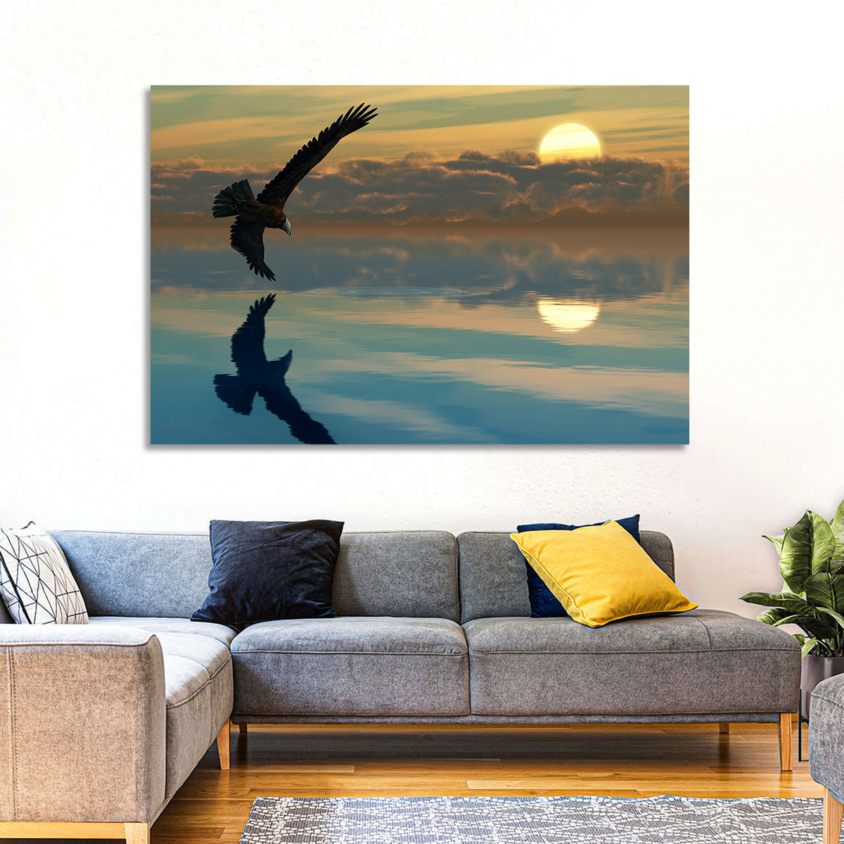 Bald Eagle Sunset Reflection Wall Art in a room, landscape