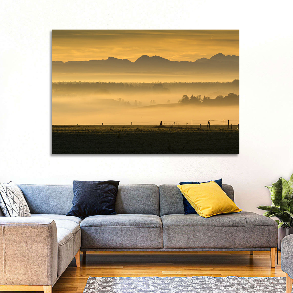 Bavarian Alps Morning Haze Wall Art in a room, landscape