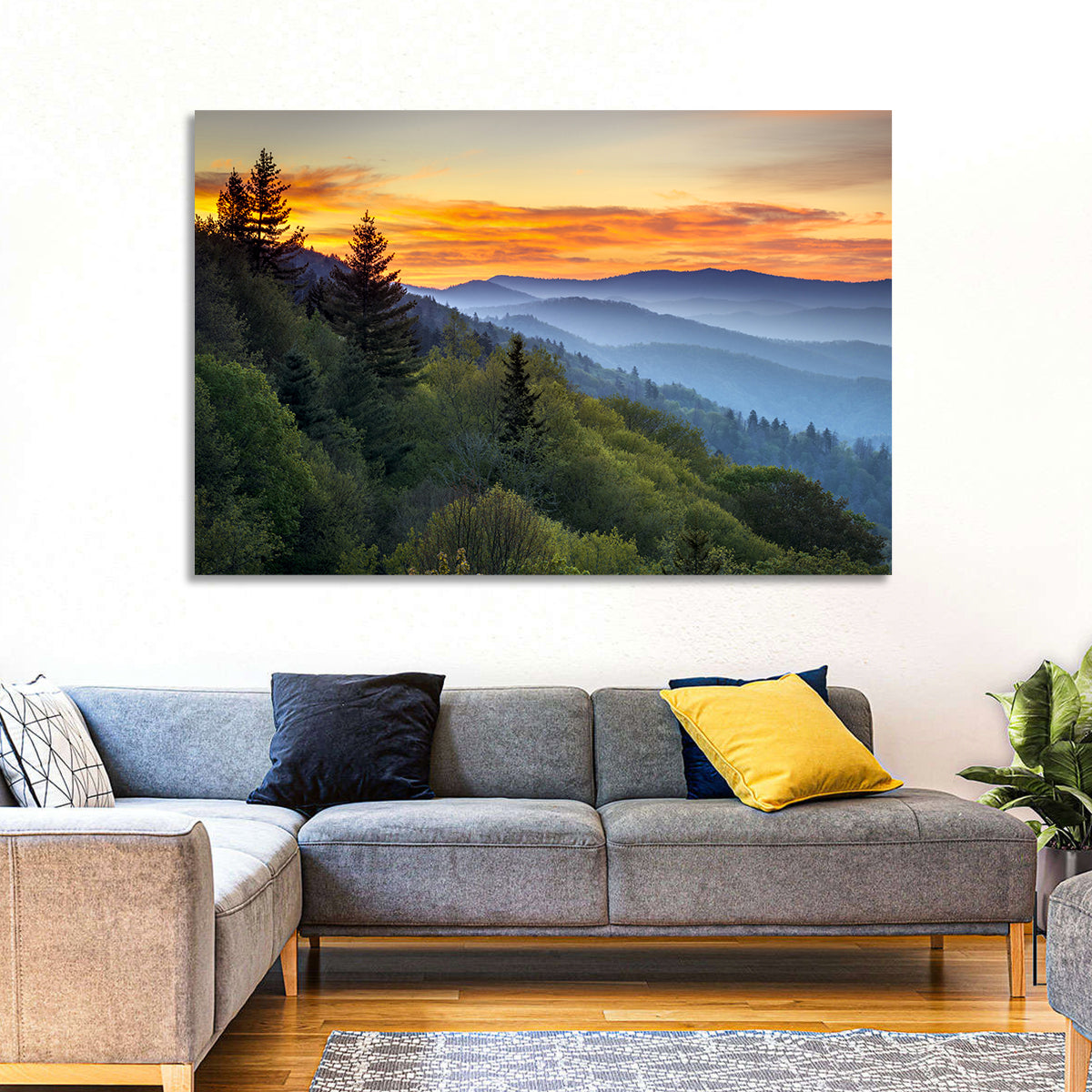 Great Smoky Mountains Sunset Wall Art in a room, landscape