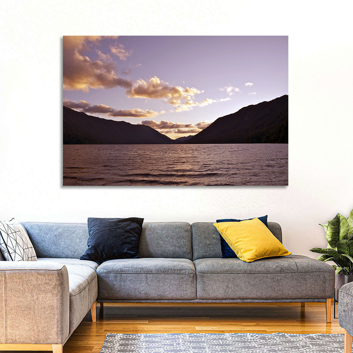 Purple Sunset Over Lake Crescent Wall Art in a room, landscape