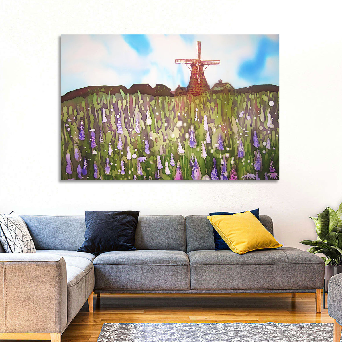 Ink Wash Windmill in Blooming Field Wall Art