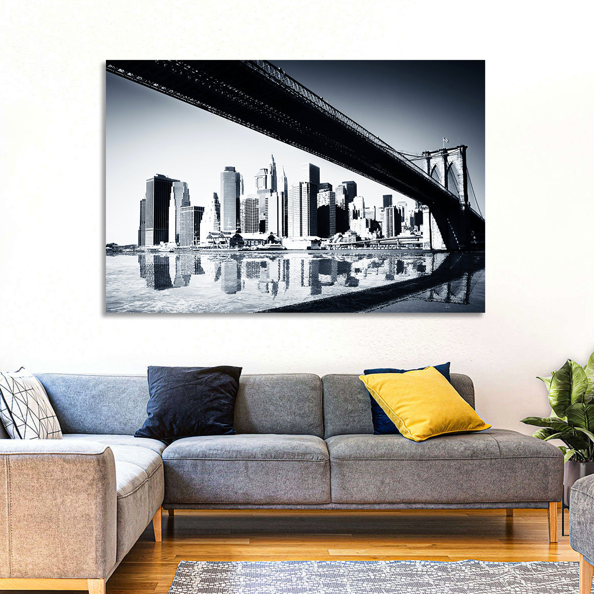 Brooklyn Bridge Low Angle Skyline Reflection Wall Art in a room, landscape