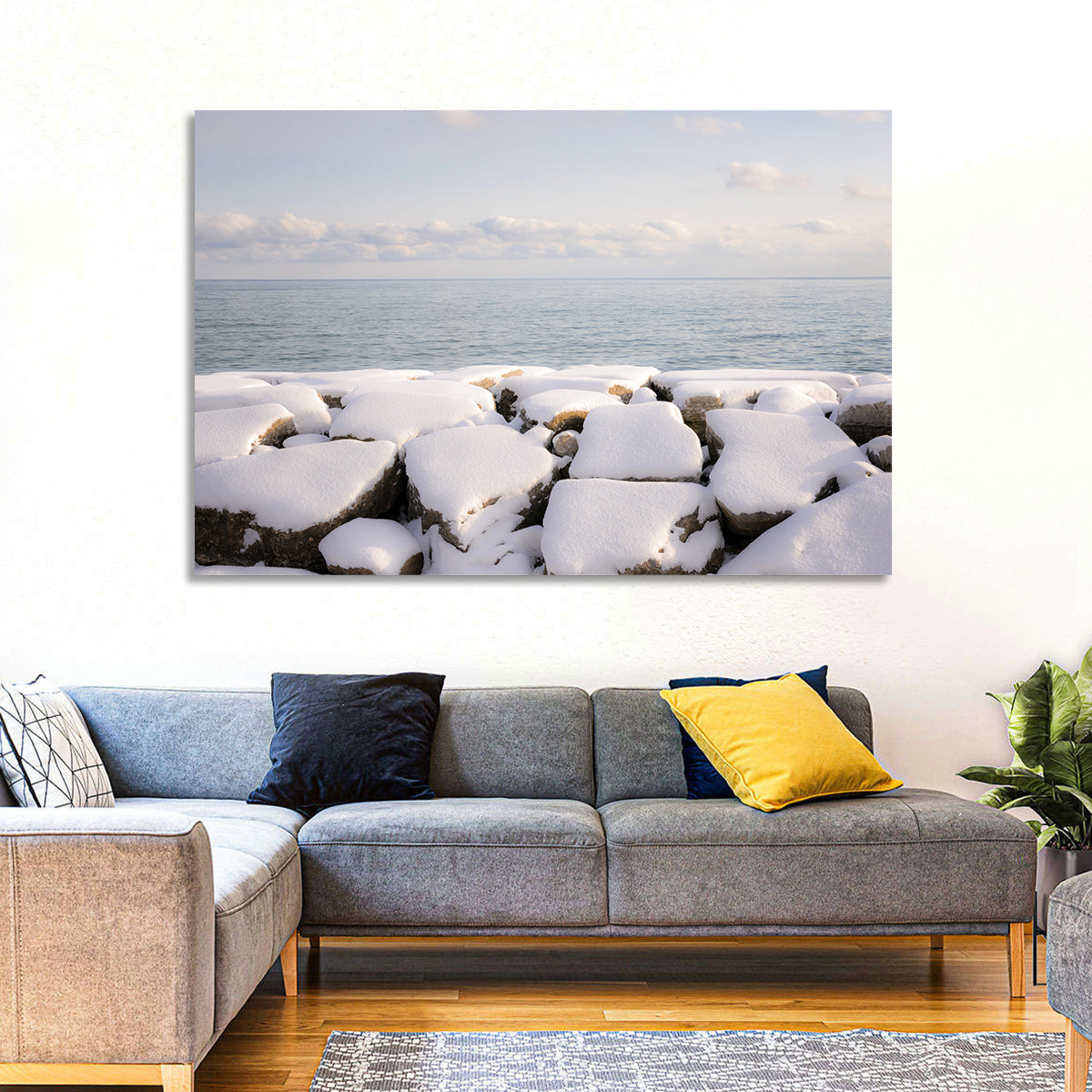 Lake Ontario Snowy Rocks Wall Art in a room, landscape