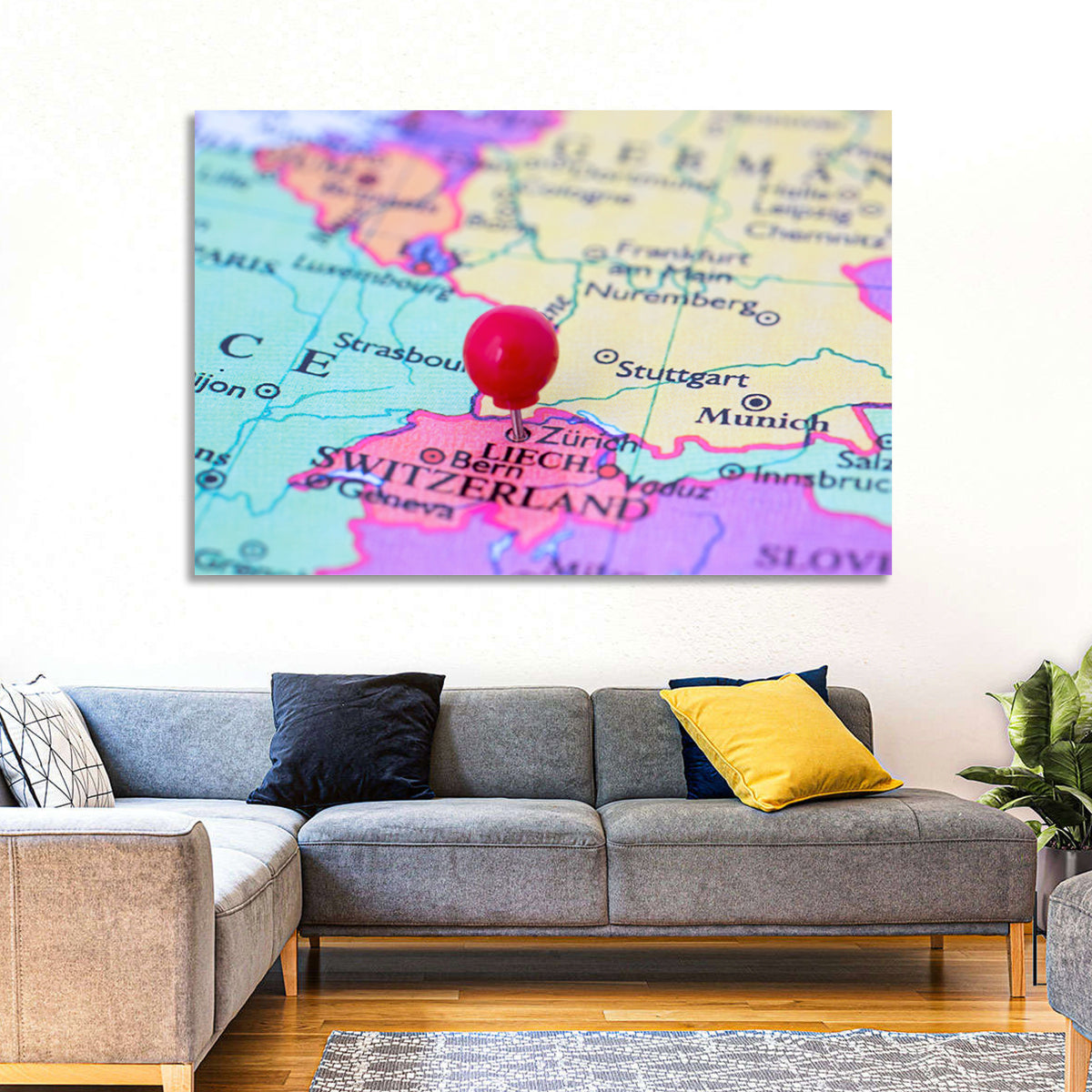 Zurich Map with Red Pin Wall Art in a room, landscape