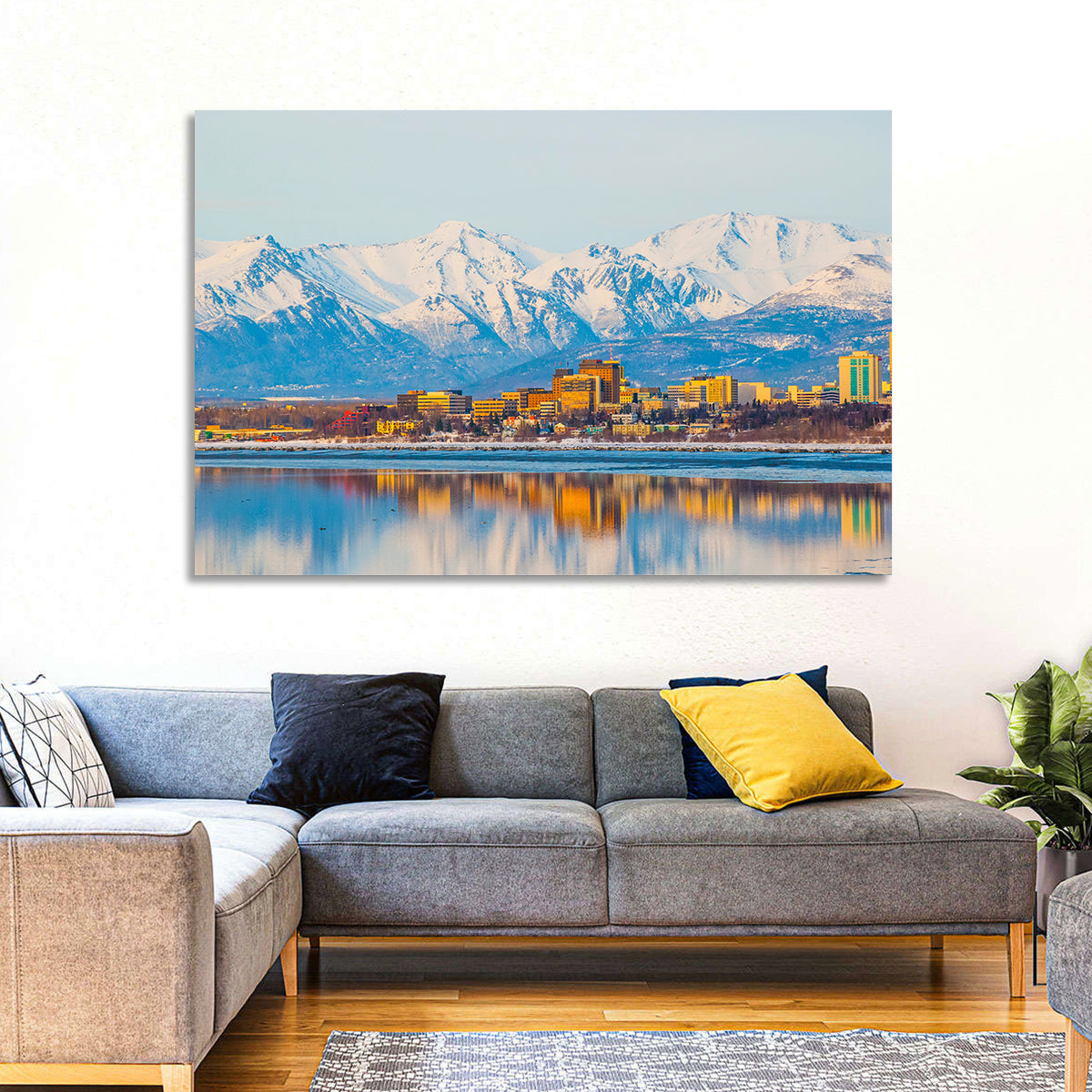 Anchorage Morning Skyline Wall Art in a room, landscape