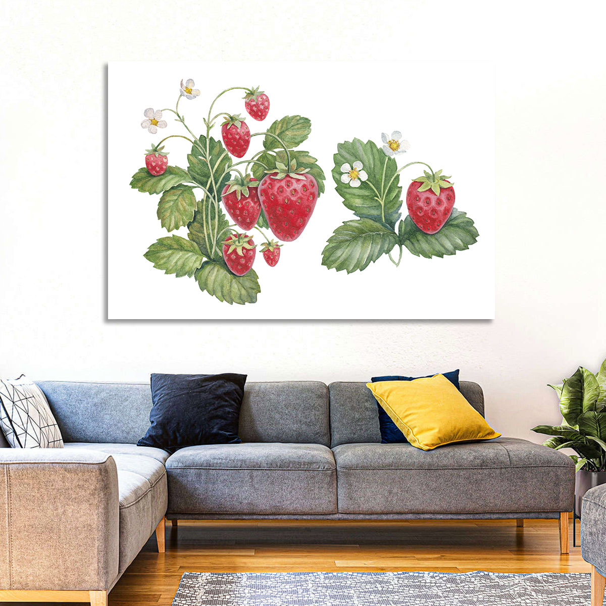 Fresh Strawberry Botanical Illustration Wall Art in a room, landscape