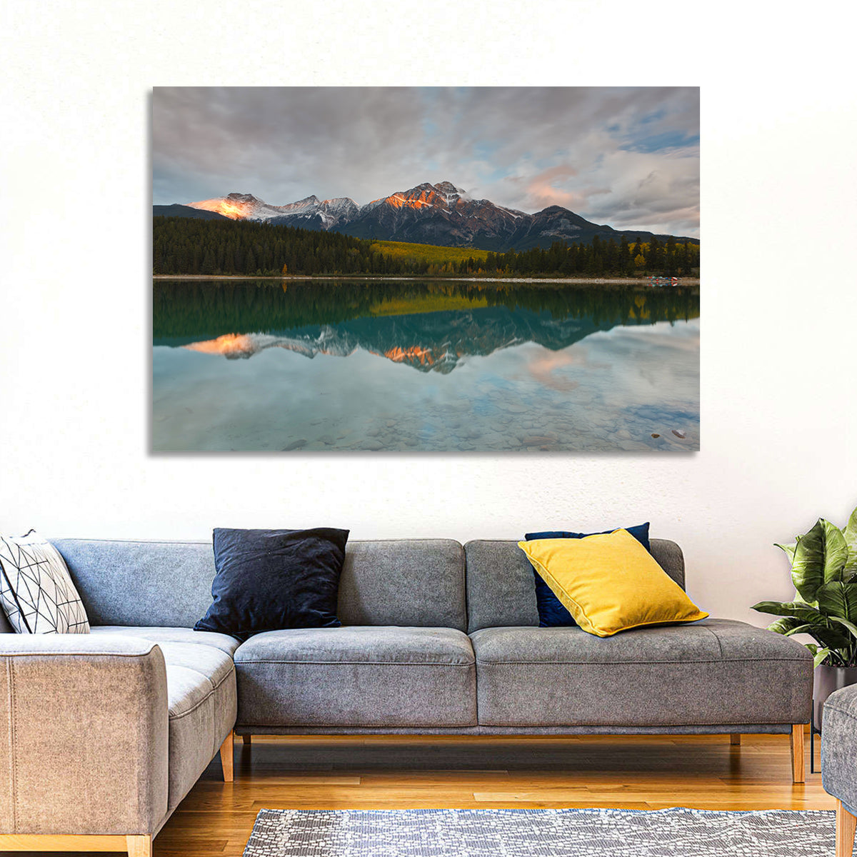 Patricia Lake Golden Hour Reflection Wall Art in a room, landscape