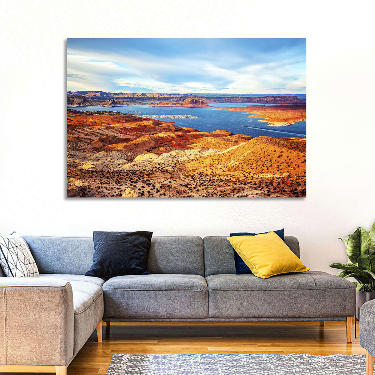 Lake Powell Marina Panorama Wall Art in a room, landscape