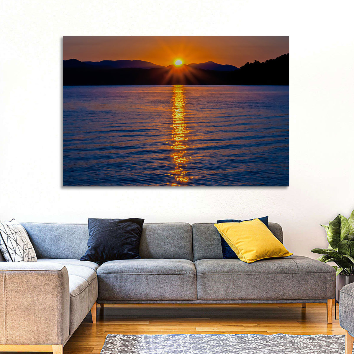 Lake Jocassee Golden Sunrise Wall Art in a room, landscape