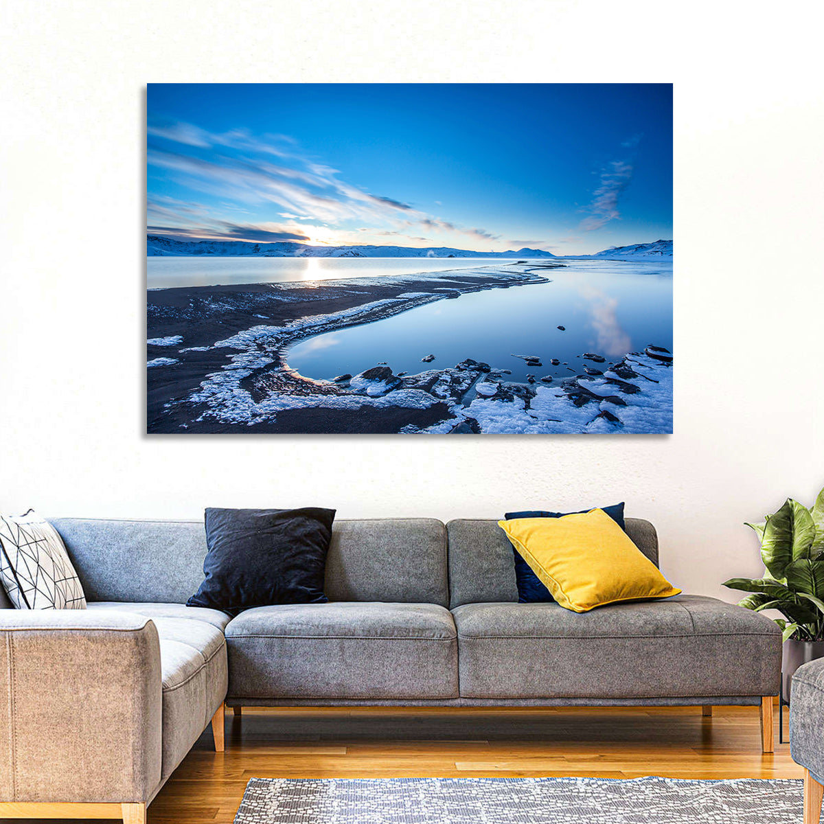 Lake Kleifarvatn Icy Shoreline Wall Art in a room, landscape