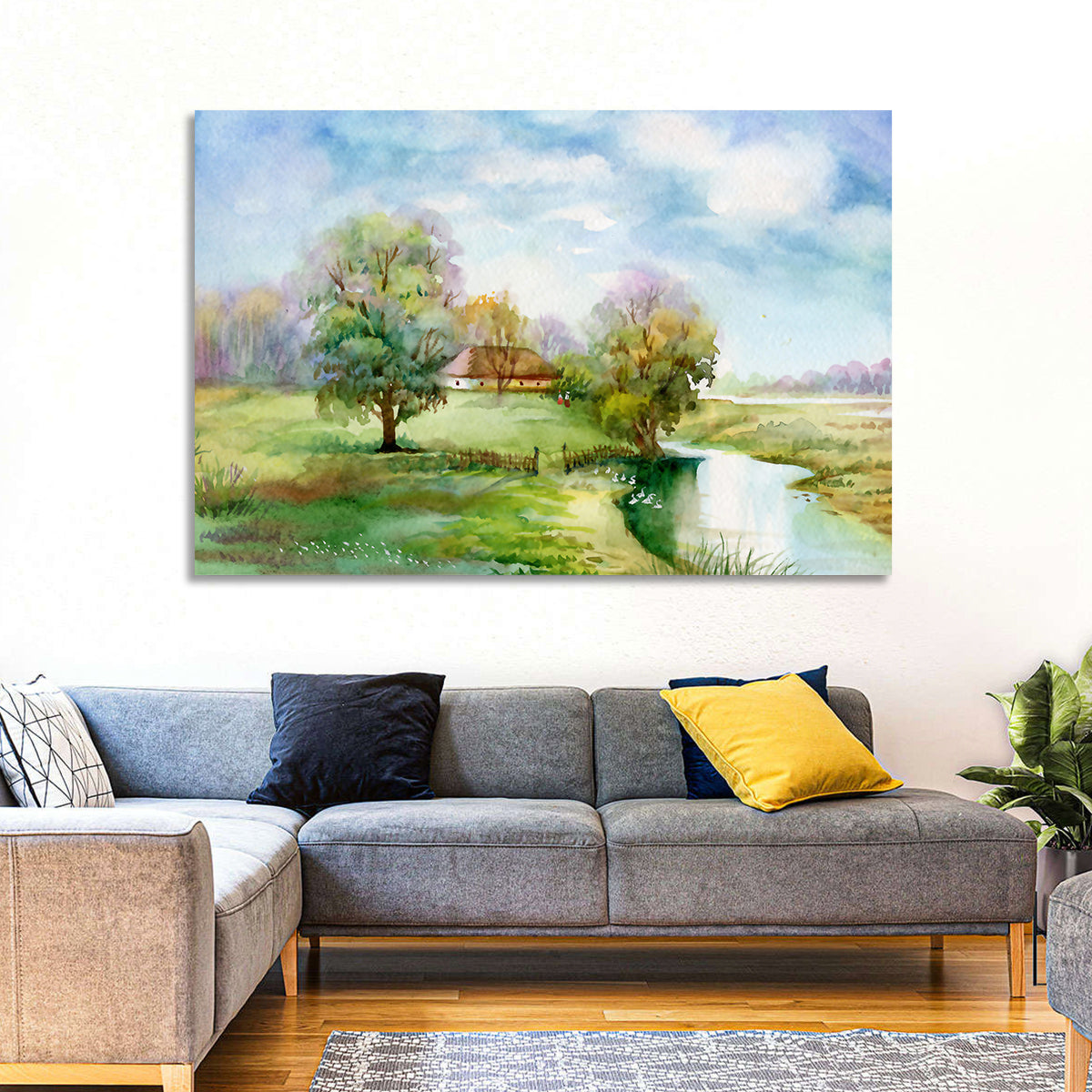 Spring Cottage by the Stream Wall Art in a room, landscape