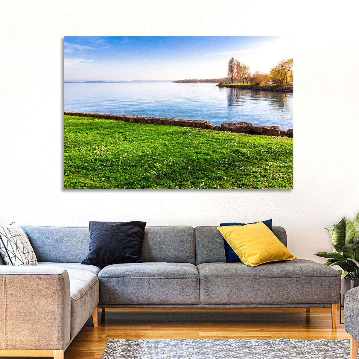 Lake Neuchatel Meadow Wall Art in a room, landscape