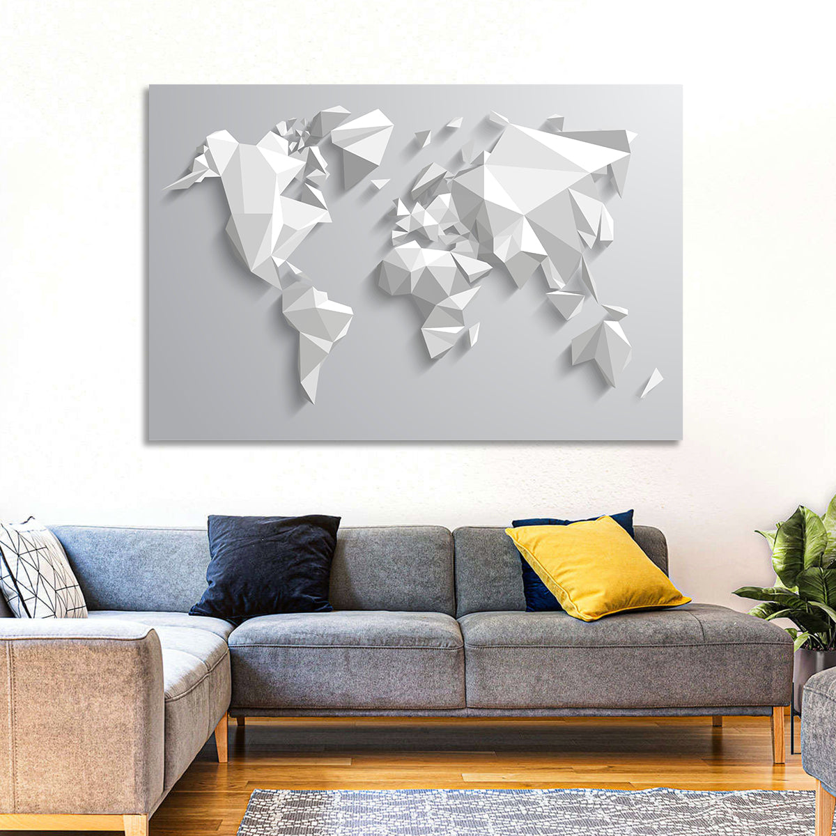 Faceted Triangular World Map Wall Art in a room, landscape