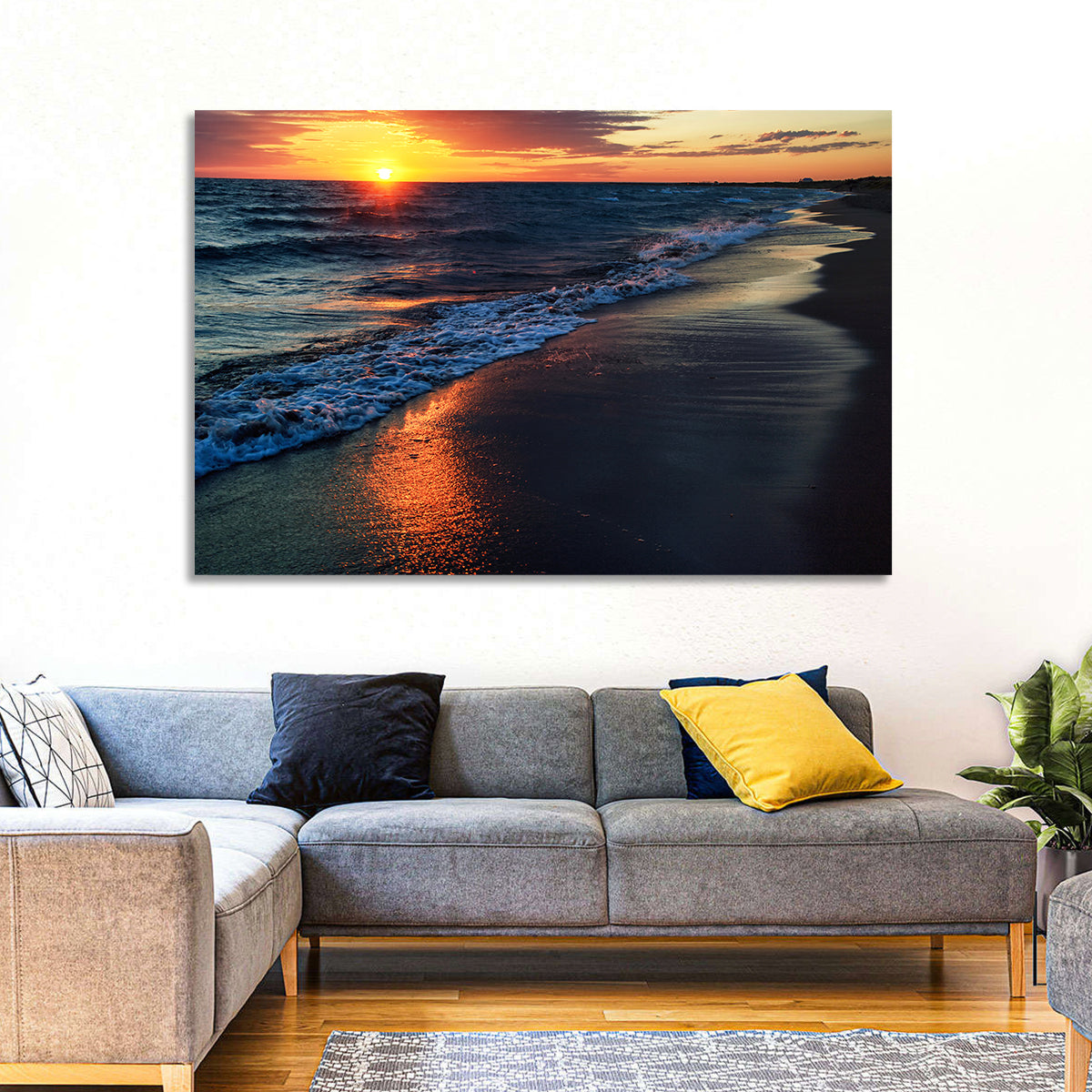 Lake Balkhash Golden Dusk Wall Art in a room, landscape