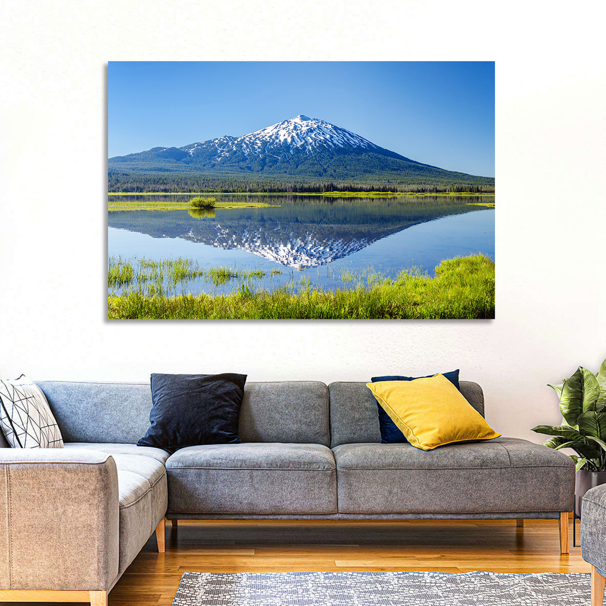 Mount Bachelor Lake Reflection Wall Art in a room, landscape