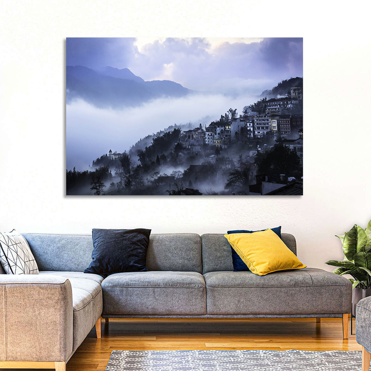 Misty Hillside Town Wall Art