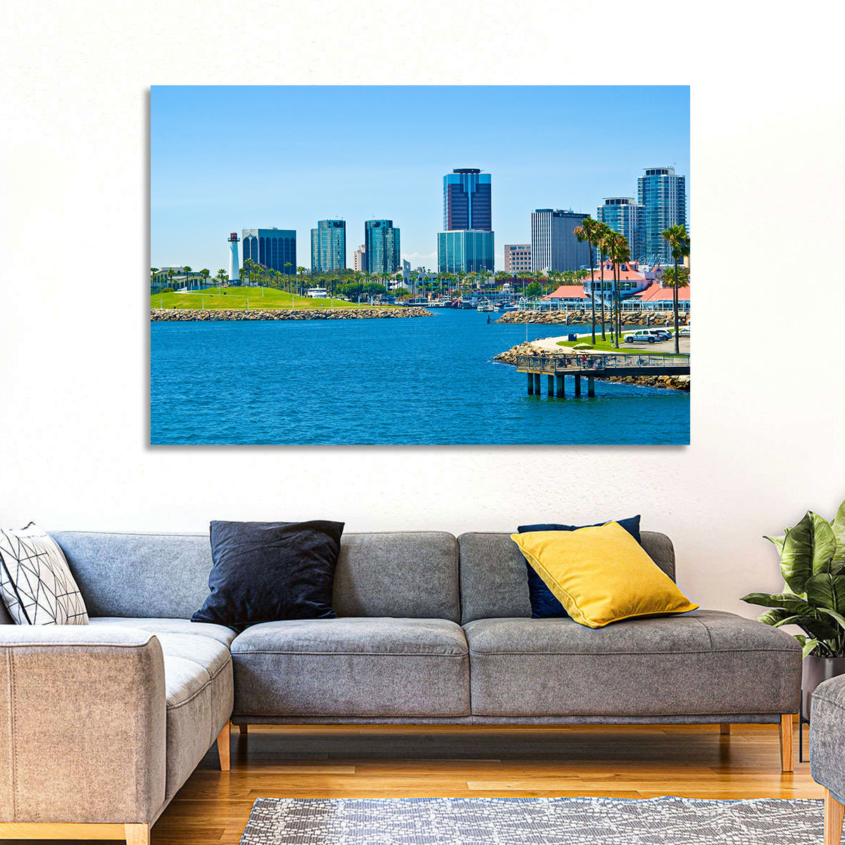 Long Beach Rainbow Harbor Skyline Wall Art in a room, landscape
