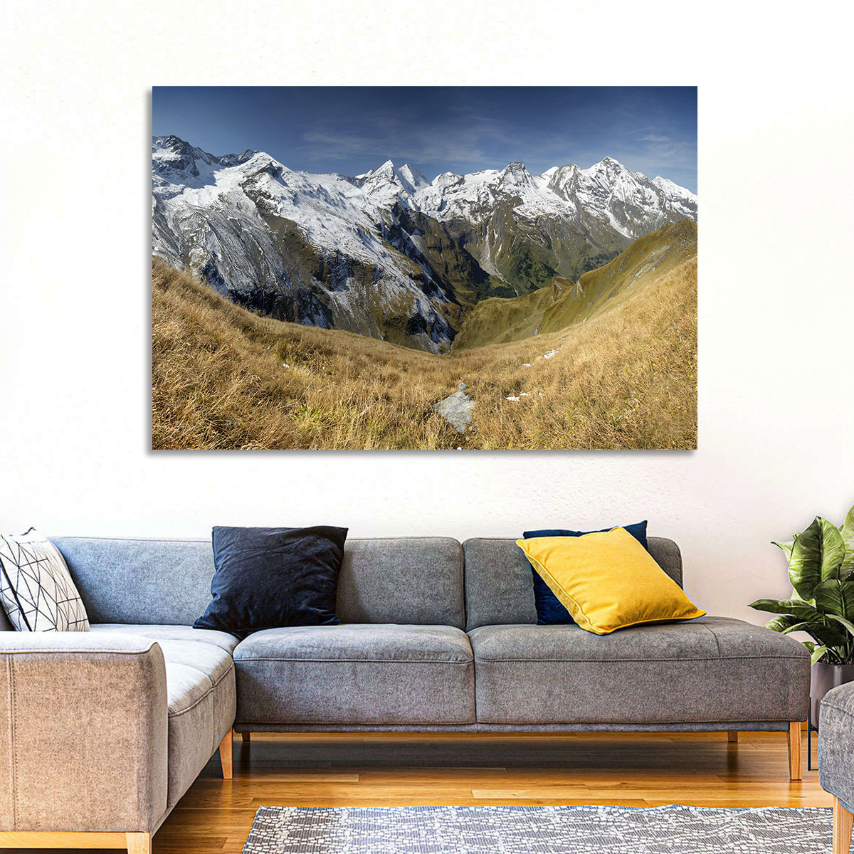 Crisp Alpine Valley with Snow-capped Peaks Wall Art