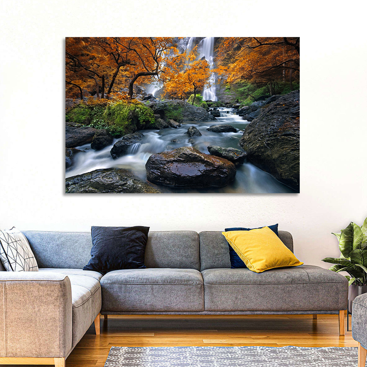 Konglan Autumn Waterfall Wall Art in a room, landscape