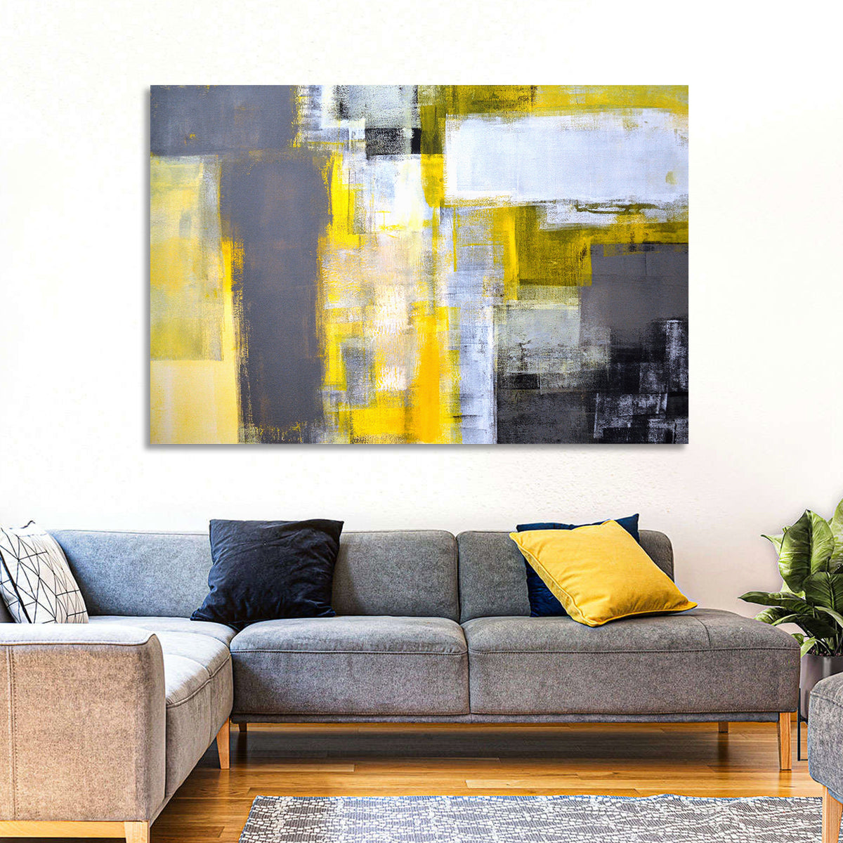 Yellow and Gray Color Block Abstract Wall Art in a room, landscape