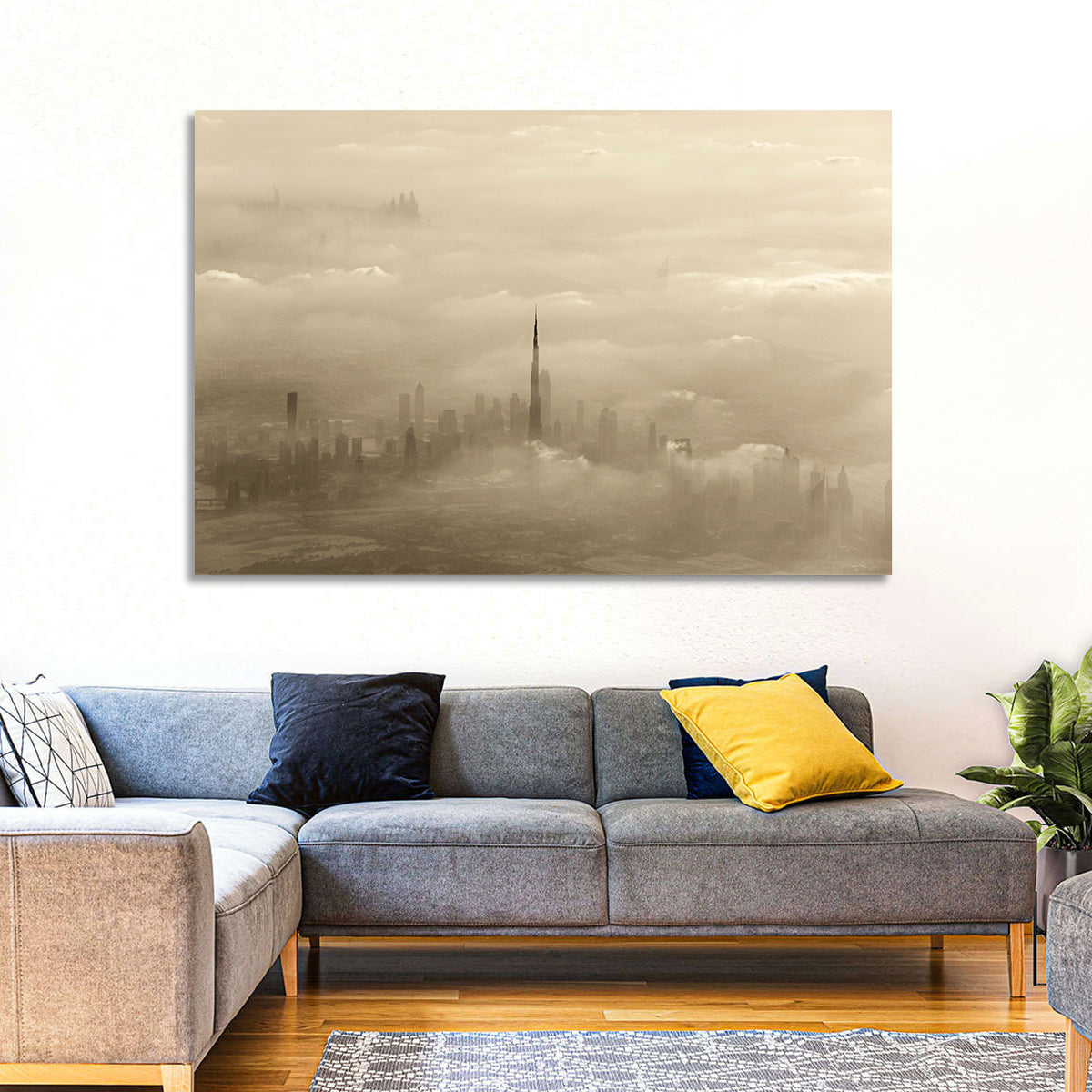 Dubai Haze Over Burj Khalifa Wall Art in a room, landscape