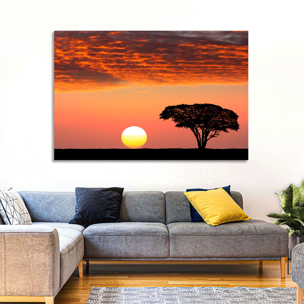 Serengeti Sunset Silhouette Wall Art in a room, landscape