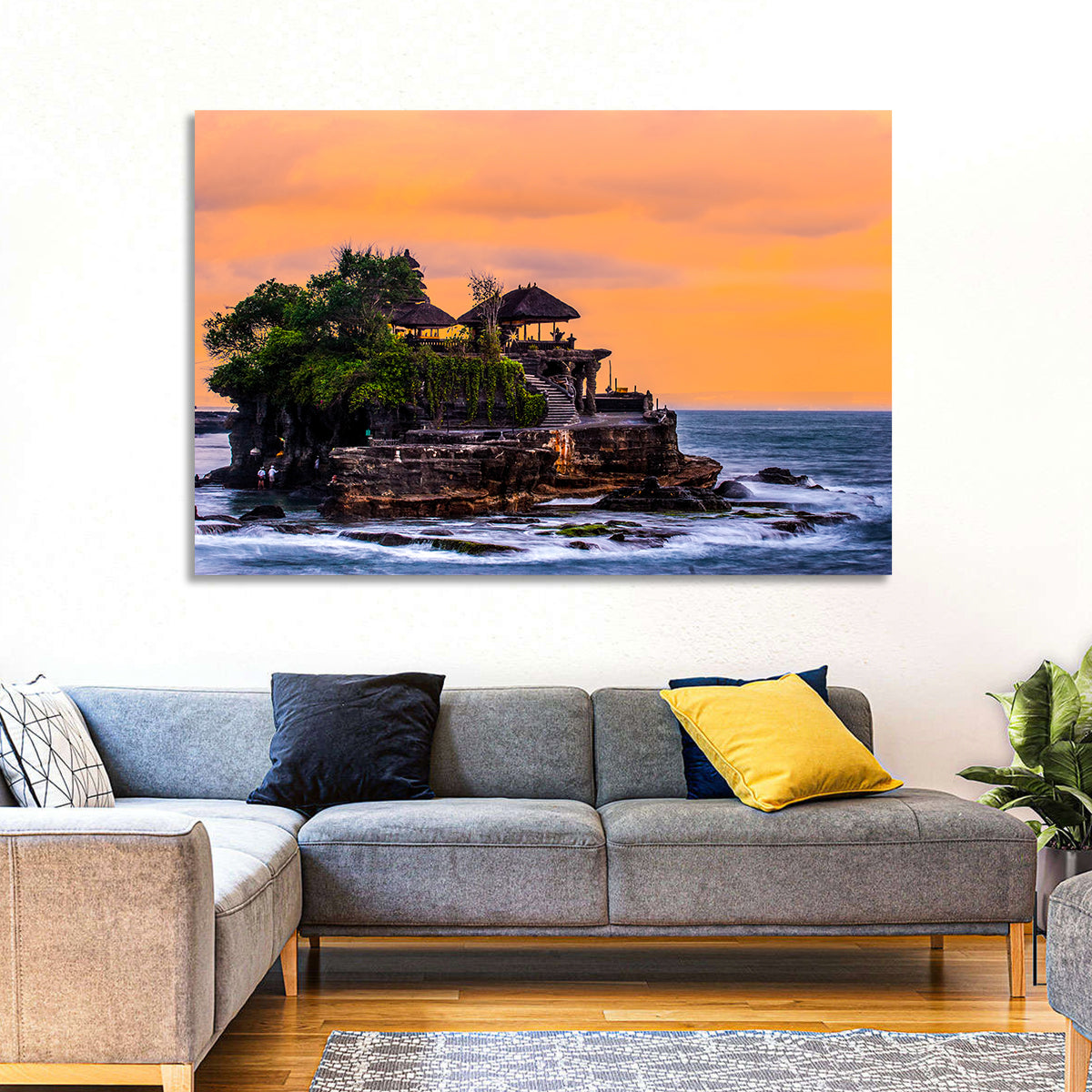 Tanah Lot Temple at Sunset Wall Art in a room, landscape