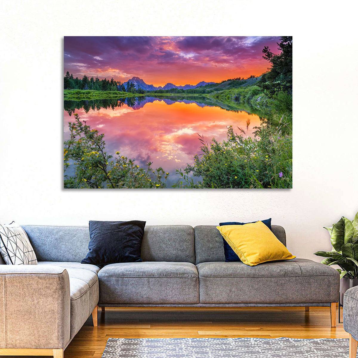 Oxbow Bend Sunset Wall Art in a room, landscape