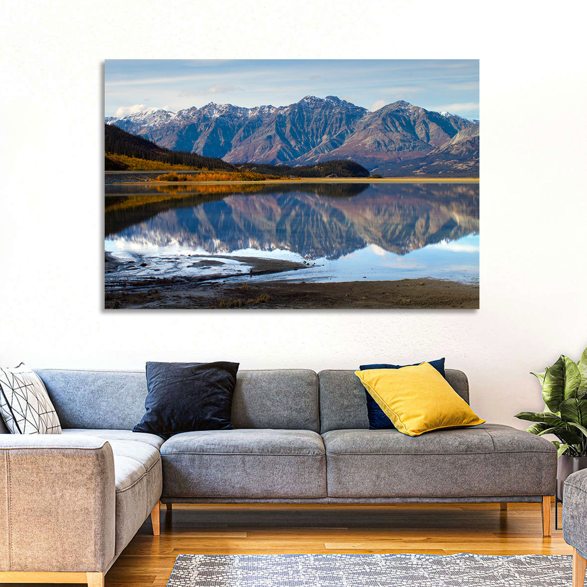 Kluane Lake Autumn Reflection Wall Art in a room, landscape