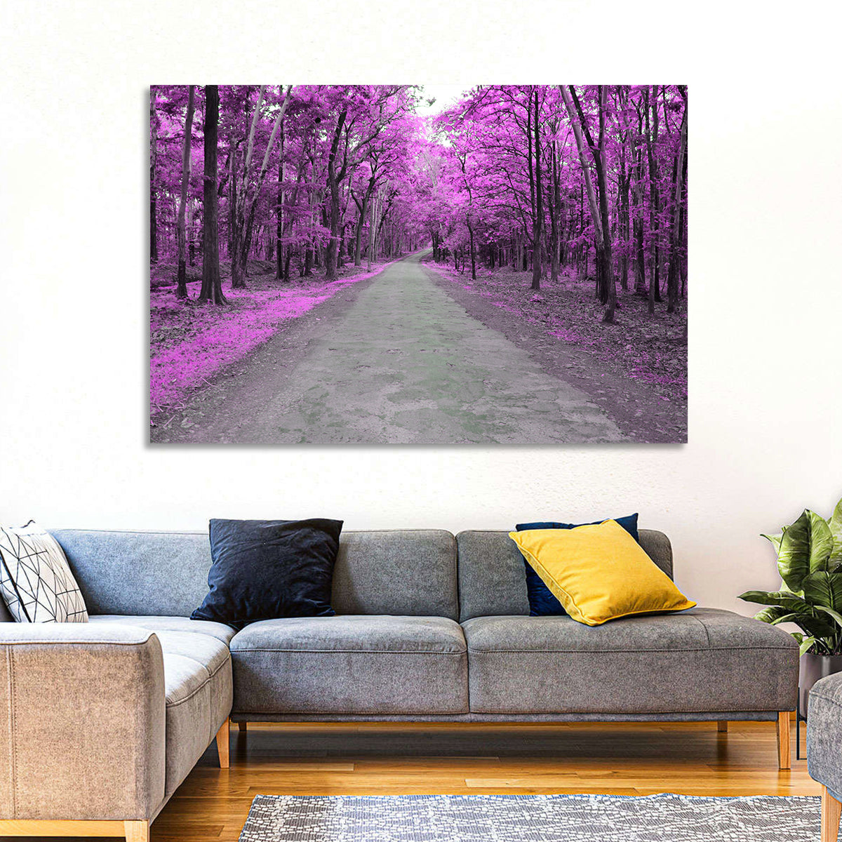 Magenta Autumn Forest Road Wall Art in a room, landscape
