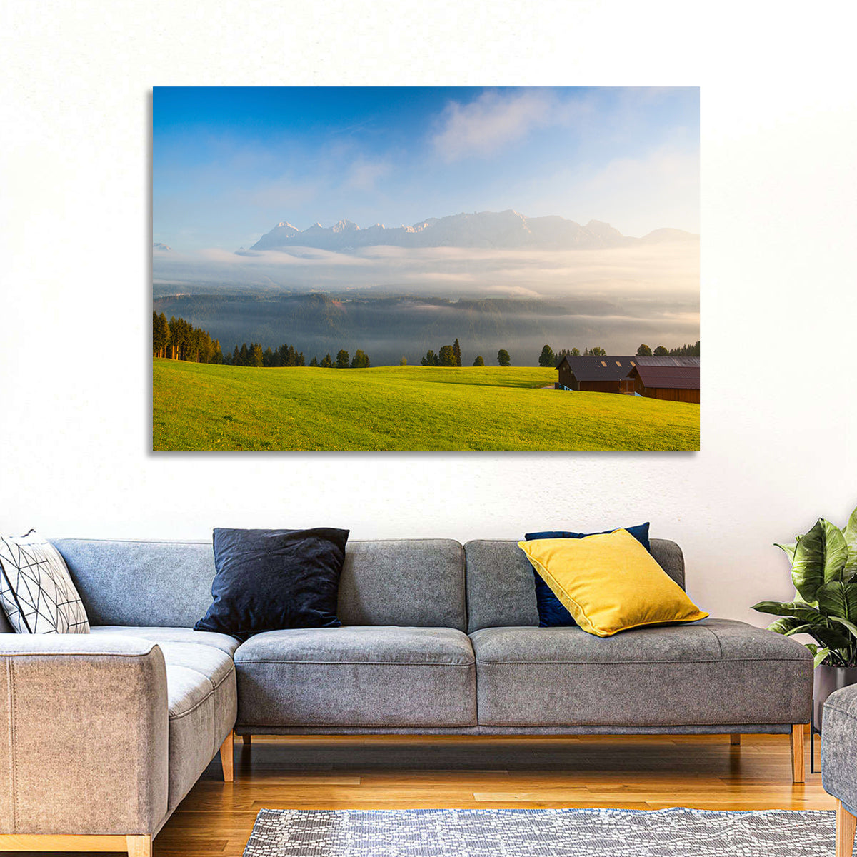 Sunlit Mountain Clouds Wall Art in a room, landscape