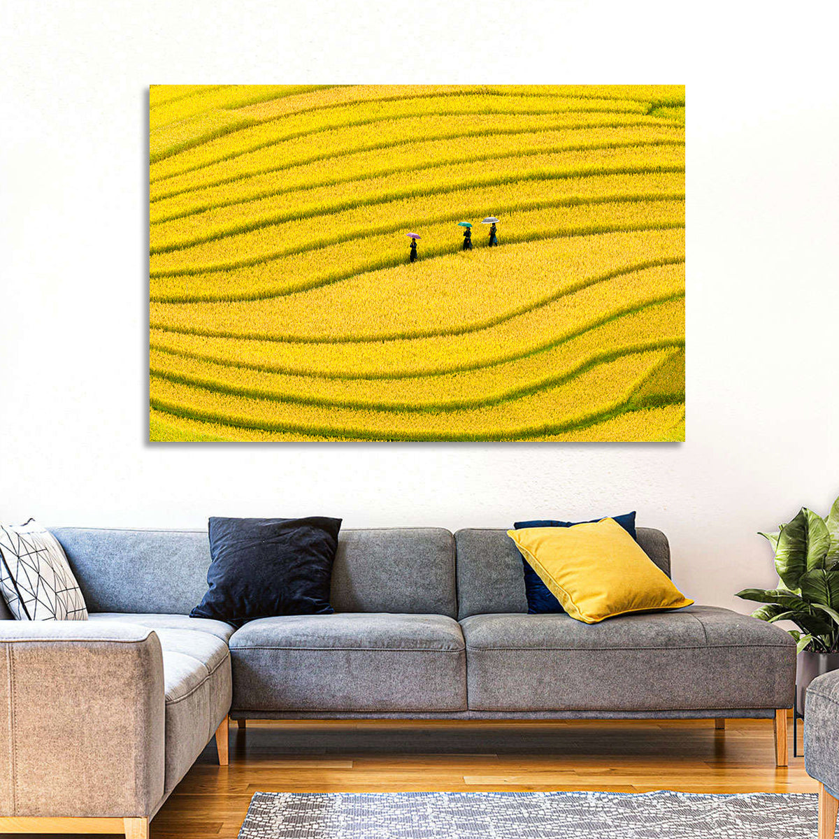 Golden Rice Terraces with Umbrellas Wall Art in a room, landscape