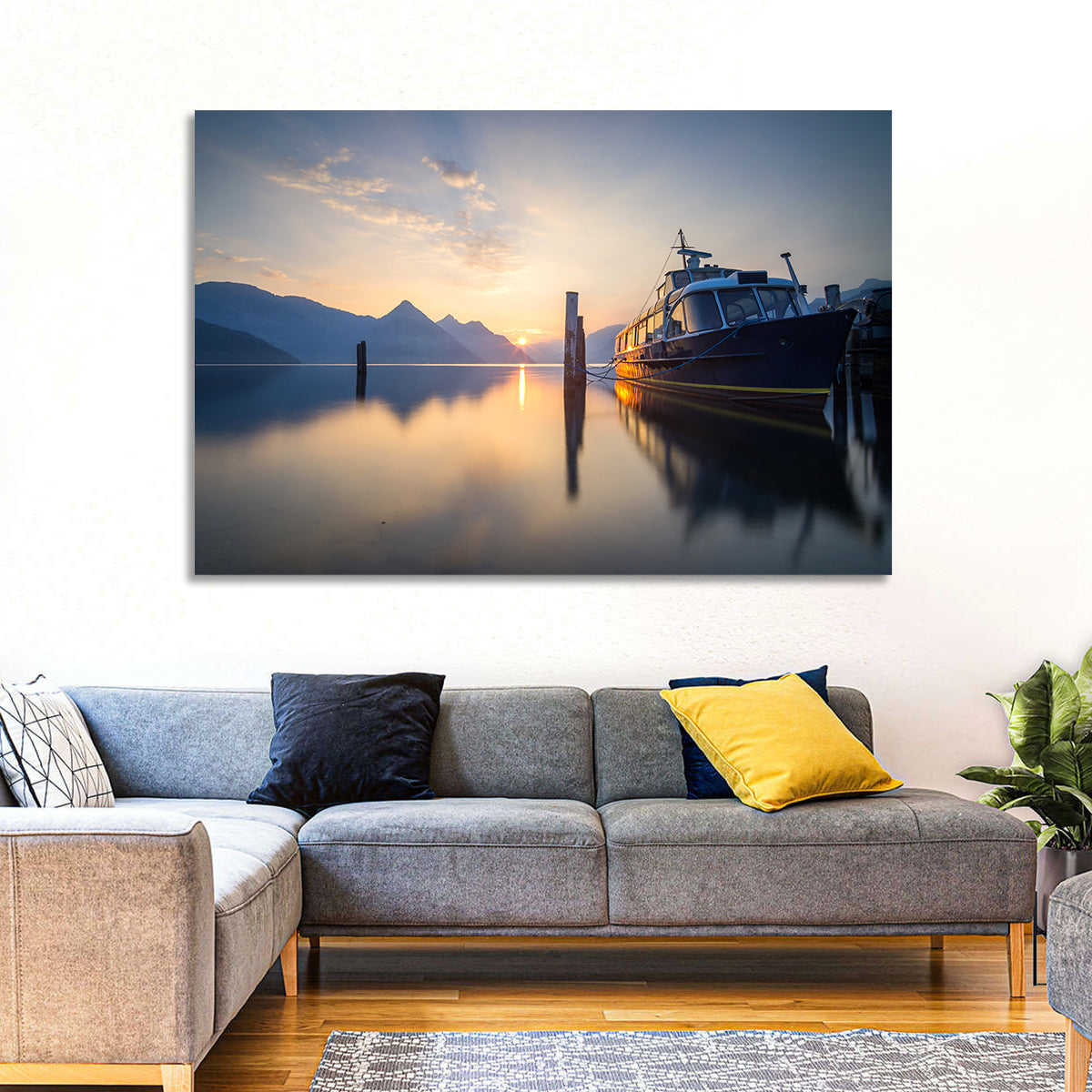 Lake Lucerne Sunset Wall Art in a room, landscape