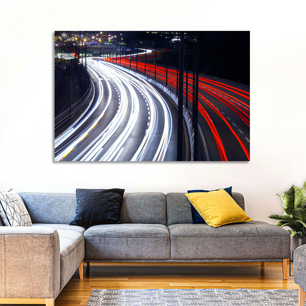 Night Highway Light Trails Wall Art in a room, landscape