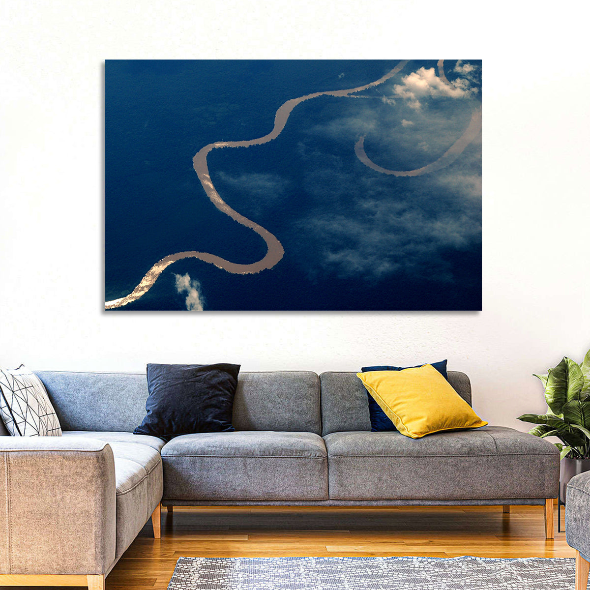 Sunlit Meander of the Amazon River Wall Art in a room, landscape