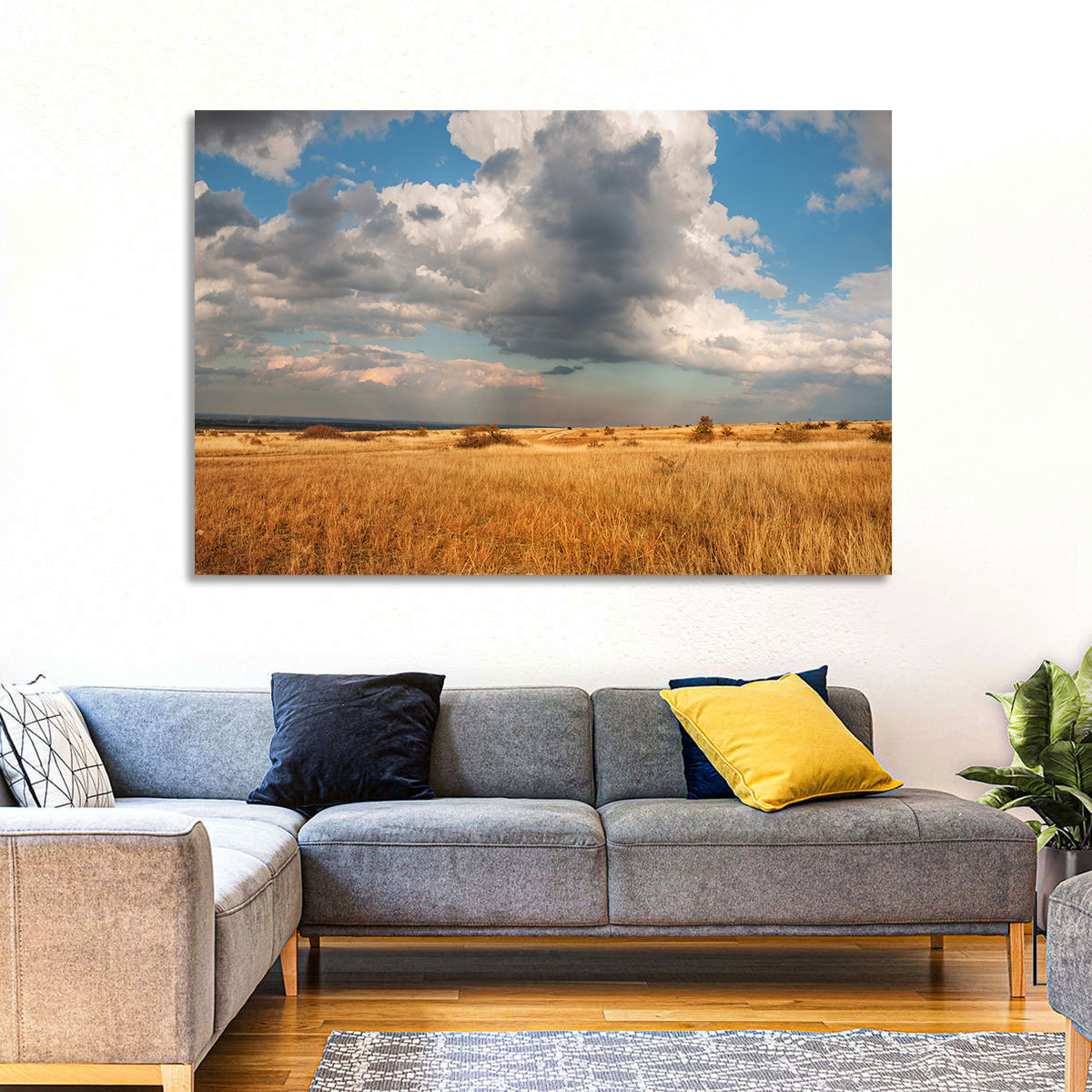 Golden Oklahoma Prairie Wall Art in a room, landscape