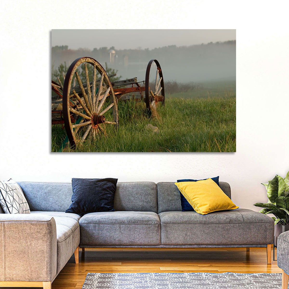 Weathered Wagon in Morning Mist Wall Art in a room, landscape