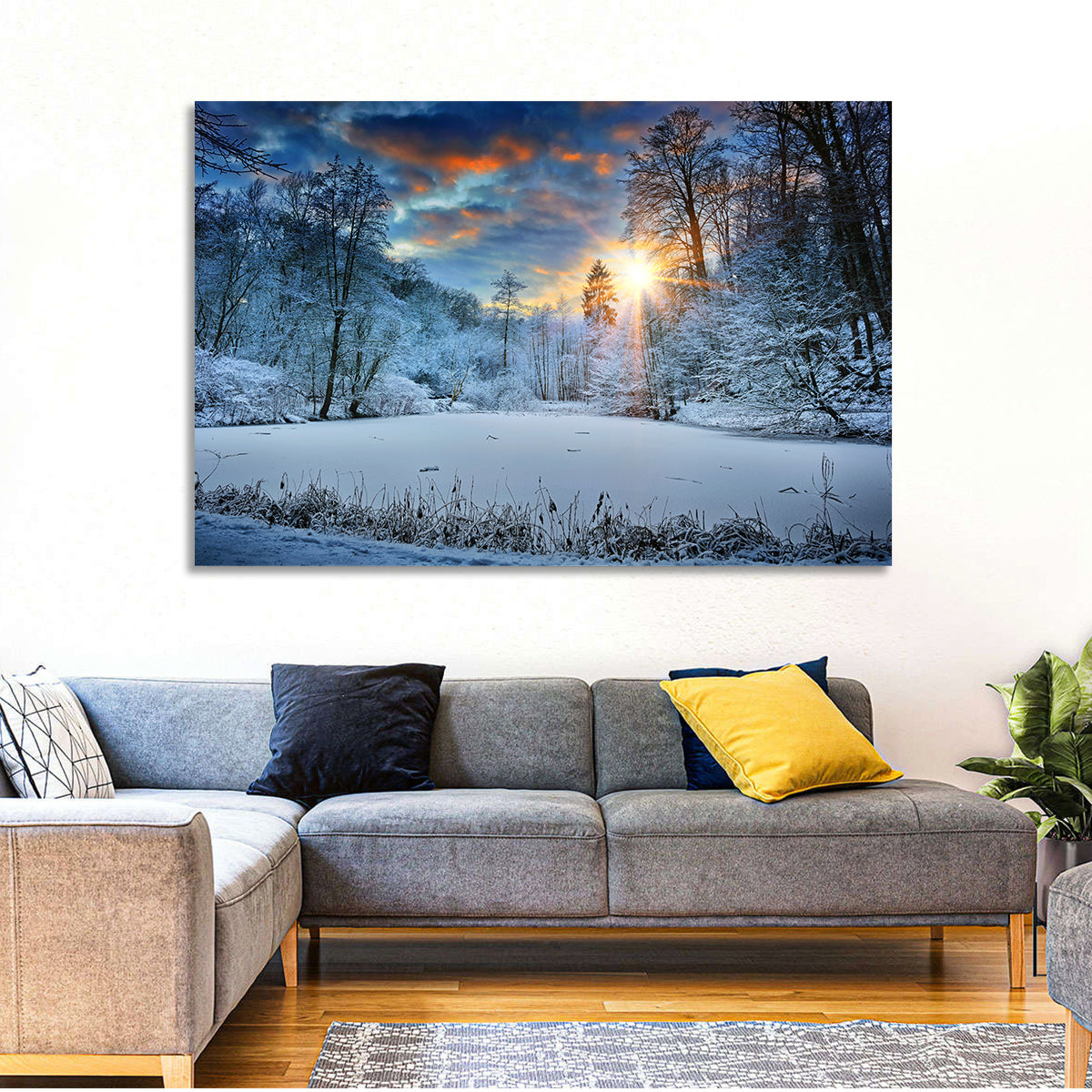 Frozen Forest Lake Wall Art in a room, landscape