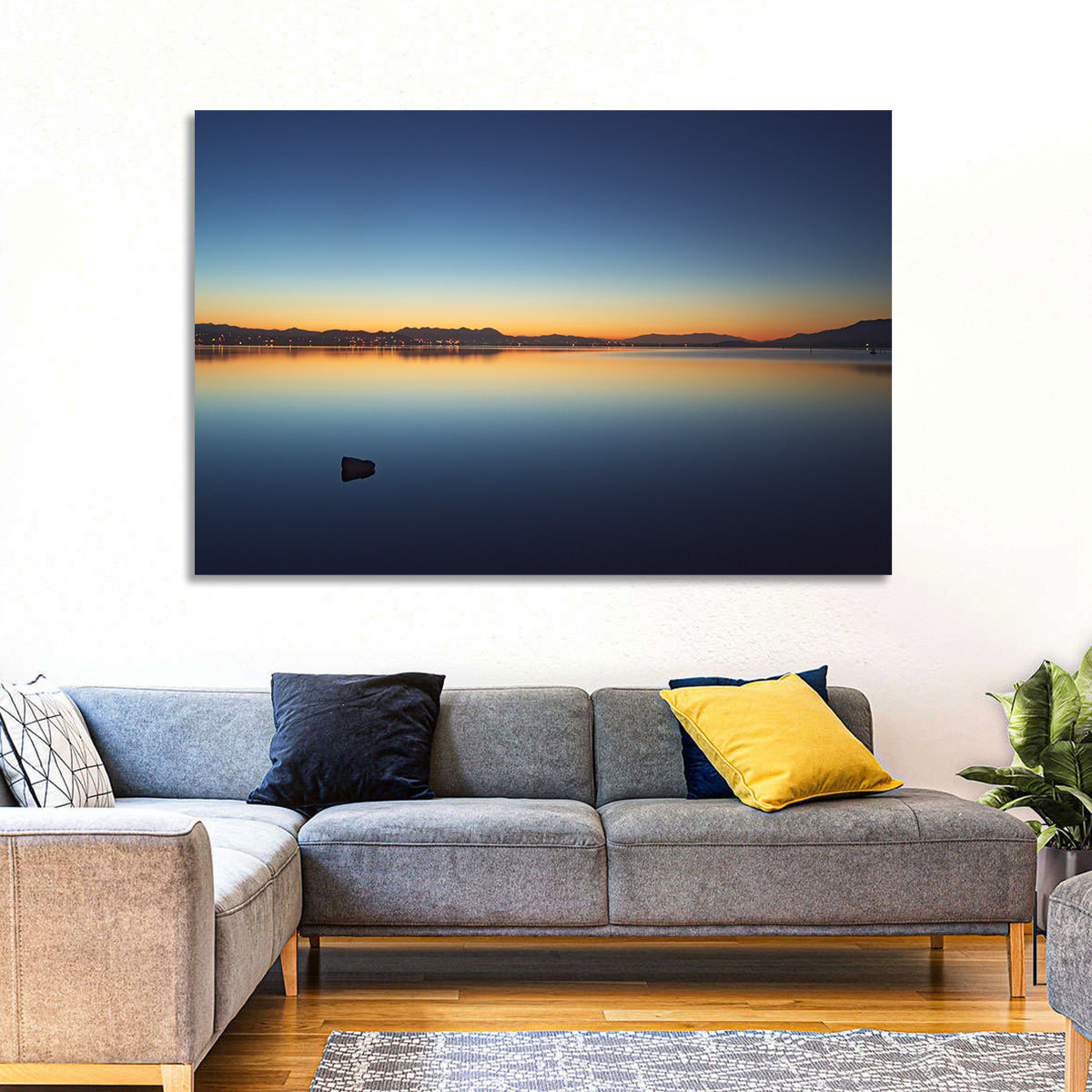 Lake Elsinore Sunset Wall Art in a room, landscape
